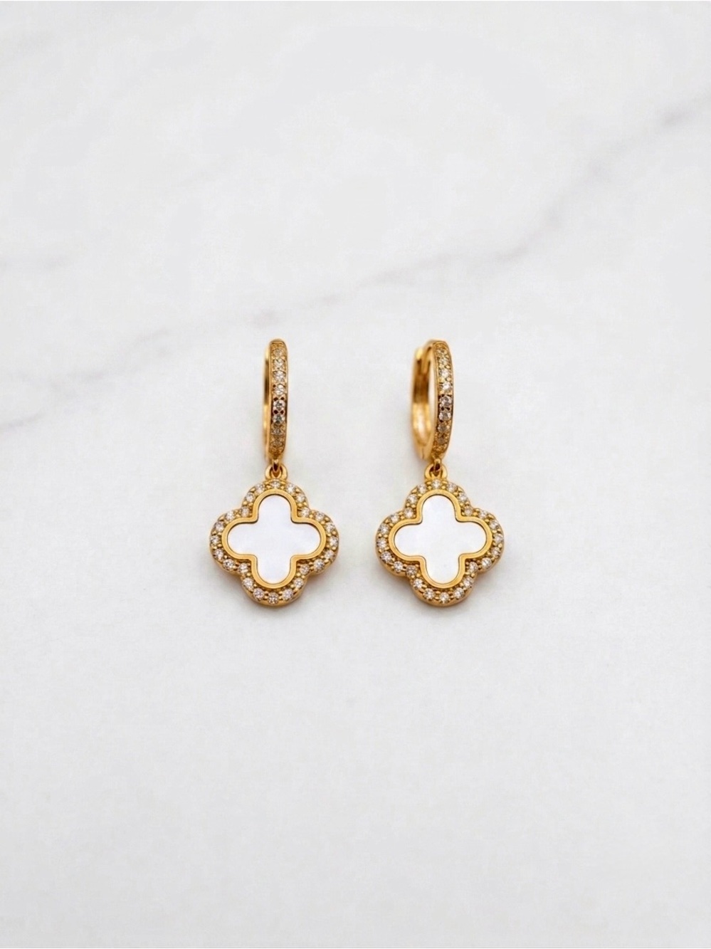 Rachel Zoe White Clover Earrings with CZ | Sterling Silver 18k Gold Plated - Picture 4 of 4